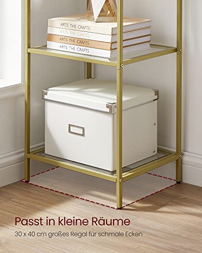 VASAGLE Regal mit 6 Ablagen, Badregal, gehärtetes Glas, einfache Montage, für Badezimmer, Wohnzimmer, Küche, Büro, transparent-metallisches Gold LGT500A01