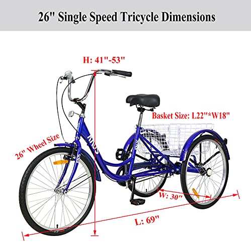 MEGHNA KNUS Unisex Adult Single Speed Tricycle 24 inch High Three Wheel Cruiser Bike 24-Inch Trike Wheels Large Basket for Women Men Seniors,Blue