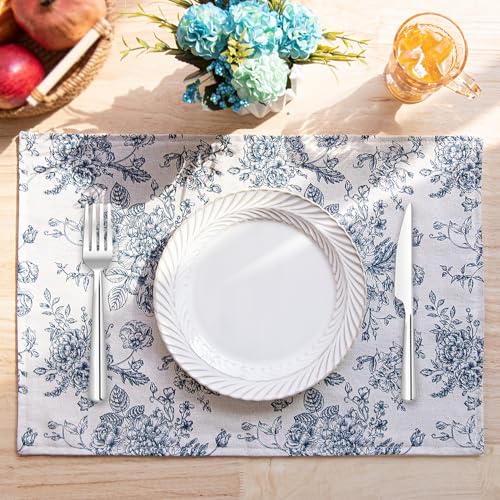 Blue Floral Cloth Placemats Set of 4 Vintage 13 x 19 Inch