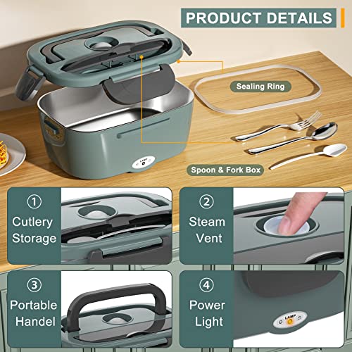 Monteka Electric Lunch Box Food Heater - Leakproof Portable Food Warmer Heated Lunch Box For Adults For Car/Home/Truck With 1.5L Removable Stainless Steel Container, 60W, 12V/24V/110V, Green #TOP2