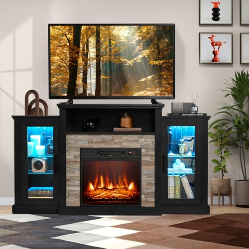 Byroce Electric Fireplace TV Stand for TVs Up to 65’’, TV Console with 16-Color LED Light, Adjustable Glass Shelves, 19’’ Fireplace Insert with Remote & APP Control, Entertainment Center (Black)