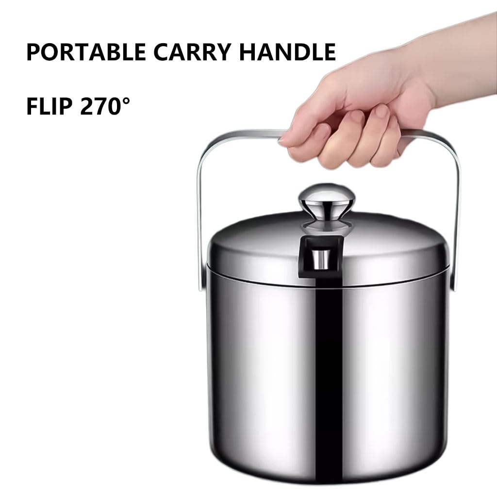 Eiskübel,Champagner-Eimer, Mit Deckel und Zange isolierter Sektkühler Silber Edelstahl hält EIS kalt und trocken Eishalter for Partys Cocktail Wein Home Bar Eiswanne(1.3L)
