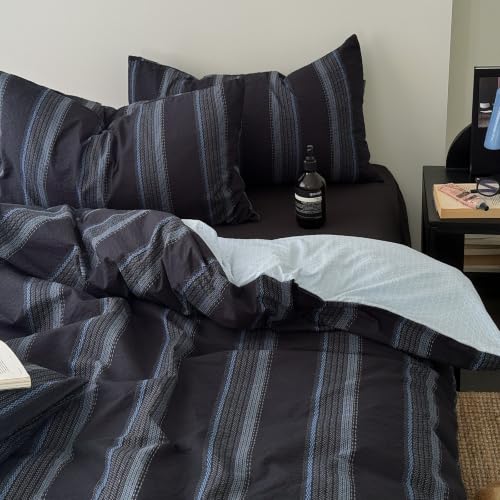 Image of Navy Blue Striped Puffy Textured Duvet Cover Set,Twin XL Size | Boys Minimalist Modern Vertical Stripes Bedding Set for Contemporary Bedroom