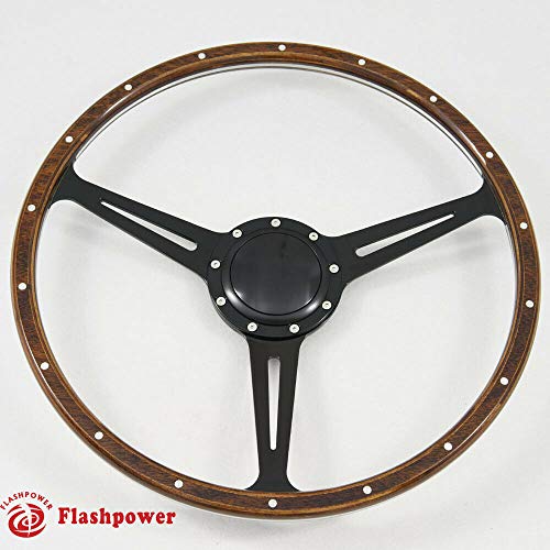 Flashpower 17" Classic Steering Wheel Black Anodized Spoke 18 Rivets with Horn Button