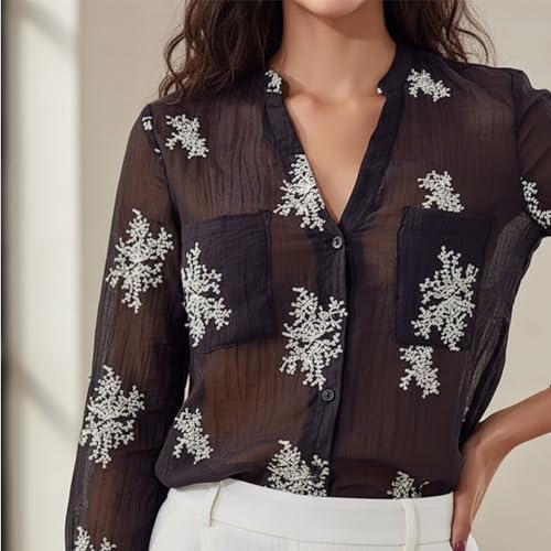 Women's Long Sleeve Sheer Floral Embroidered See Through Button Down Blouse Lightweight Boho V Neck Shirts X-Large YG010 Black XL — view 2