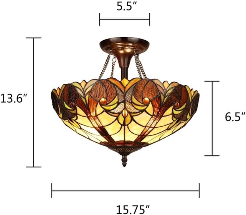 Pemberly Row Victorian 2-Light Semi Flush Mount Light, 15.75 in Glass Shade, Antique Dark Bronze and Yellow Finish, Handcrafted Stained Art Glass, Indoor Lighting for Dining Room, Living Room, Foyer