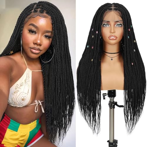 Fancy Hair Braided Wig Square Knotless Long Twist Braided Wigs with Baby Hair Full Double Lace Synthetic Glueless Braids Wig for Black Women 30 inches (2 style in 1) 30 Inch(Twist Braided)