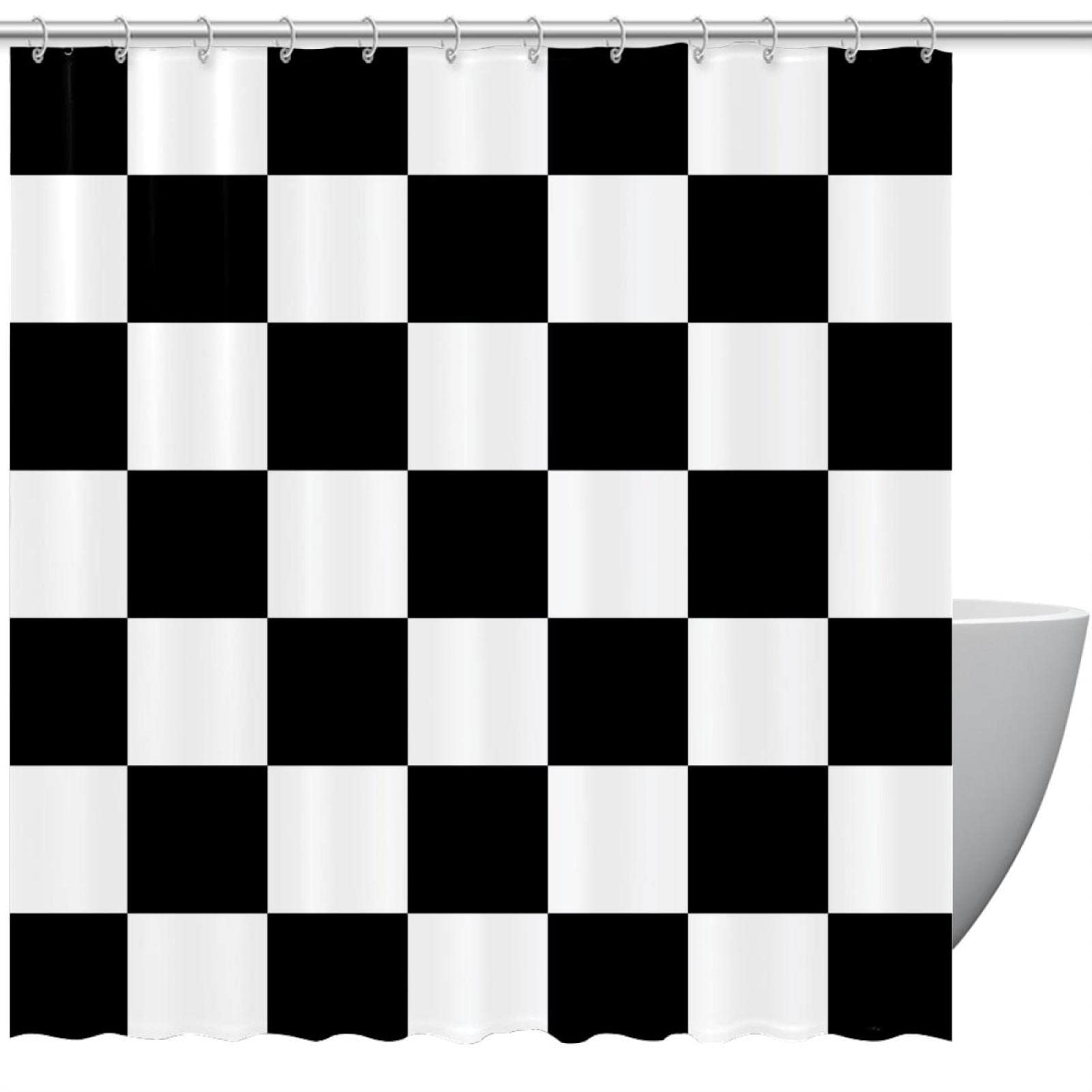 Rideau de douche treillis noir et blanc 183 cm avec crochets pour salle de bain enfant