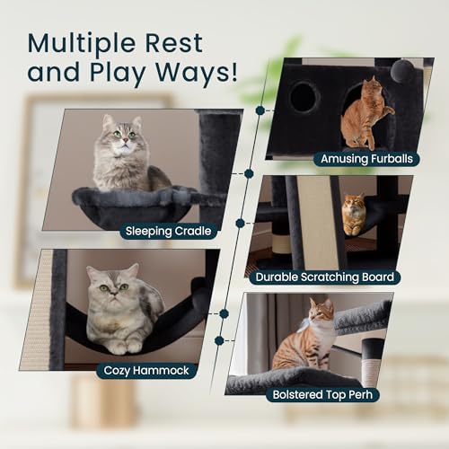 Image of SHA CERLIN 65in Larger Cat Tree Tower Condo for Indoor Kitties /Multi-Level Furniture Activity Center with Wide Base /Cozy Plush Cat Perches /Baskets /Sisal Scratching Posts and Hammock /Dark Grey