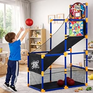 Garvee 2-in-1 Kids Basketball Arcade Game with Sticky Toss, Height Adjustable Indoor Outdoor Basketball Hoop, Ball Return Ramp, 4 Basketballs & 6 Sticky Toss Balls Sports Toy for Toddlers Ag
