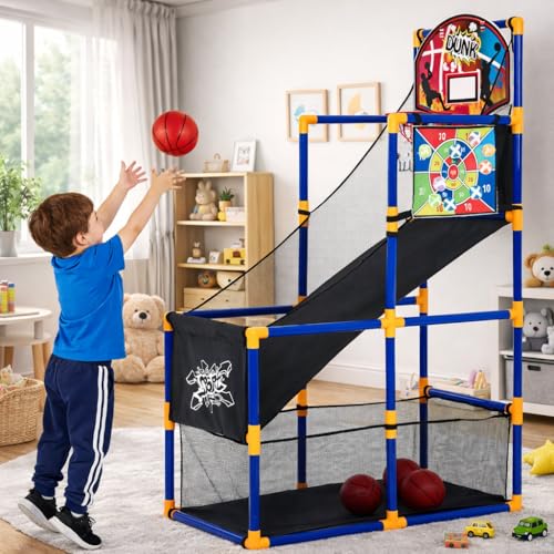 Garvee 2-in-1 Kids Basketball Arcade Game with Sticky Toss, Height Adjustable Indoor Outdoor Basketball Hoop, Ball Return Ramp, 4 Basketballs & 6 Sticky Toss Balls Sports Toy for Toddlers Ag