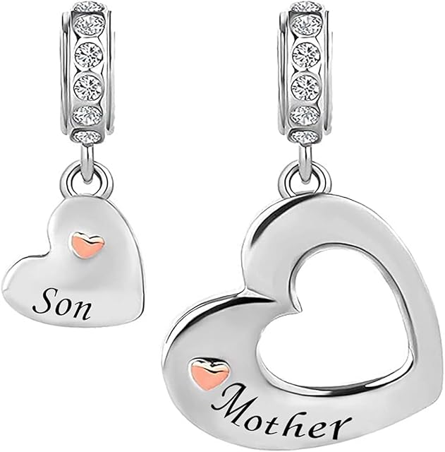 KunBead Jewelry Mother and Son Love Rose Gold Heart Dangle Bead Charms for Mum Gifts from Son for Women Charm Bracelets set for 2