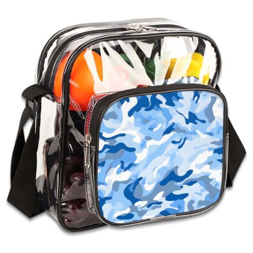 Clear Crossbody Bag Stadium Approved Camo Transparent Bag for Festivals, Sports Events, Concerts,Beach Bag for Women Men Fashion Blue Camouflage Clear Purse with Front Pocket Messenger Bag