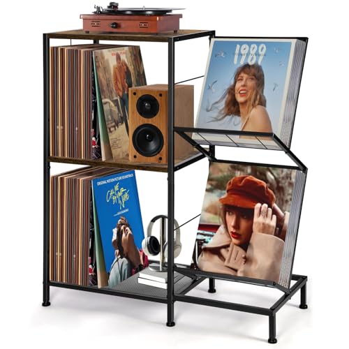 HYCFYJR Giradischi Mobile Vinili, Mobile Giradischi con Porta Vinilie 2 livelli, Porta Vinili da Mobile con Telaio in Metallo, Mobile Giradischi per Soggiorno, Marrone Rustico