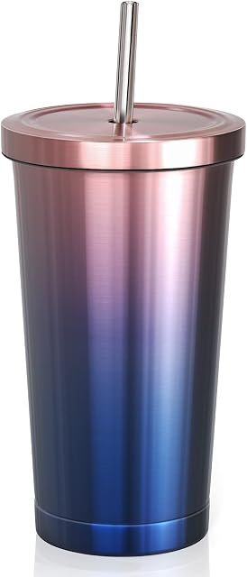 Newthinking 500ml Tumbler with Straw and Lid, Stainless Steel Gradient Travel Mug with Straw, Vacuum Insulated Coffee Cup for Hot and Cold Drinks, Rose Gold/Blue
