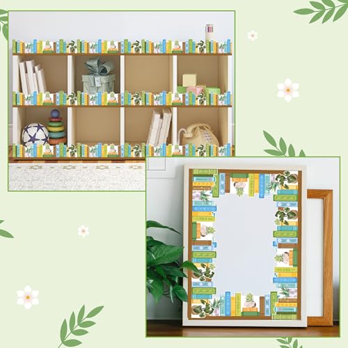 Image of BeYumi Plant Bookshelf Border Trim - 65ft Back to School Green Plant Books Rolled Border Trim Green Potted Plants Bookshelf Bulletin Board Set Library Classroom Office Chalkboard Home Wall Party Decor