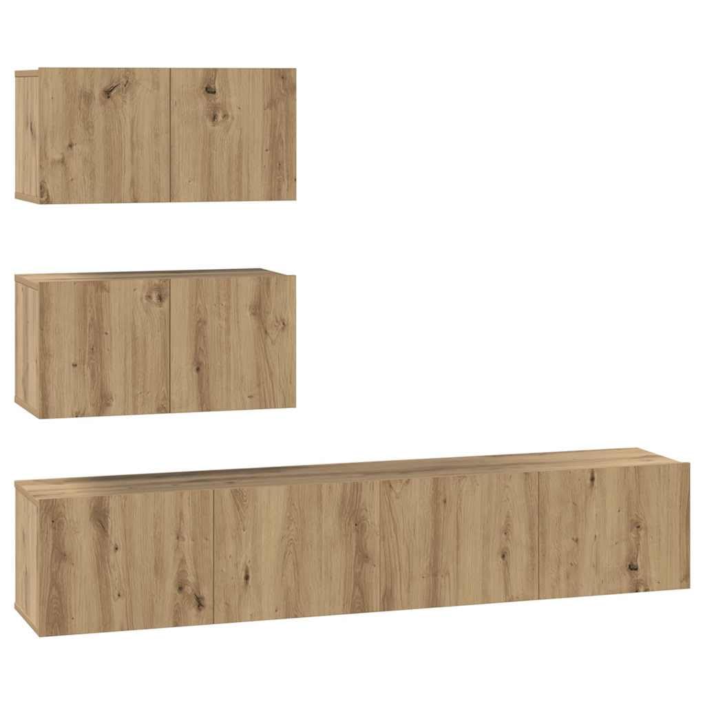 Set 4 Mobili TV Sospesi Rovere Artigianale Legno Ingegnerizzato | Credenza sospesa per soggiorno composta da 4 moduli con ante a cerniera per riordinare dispositivi e accessori.