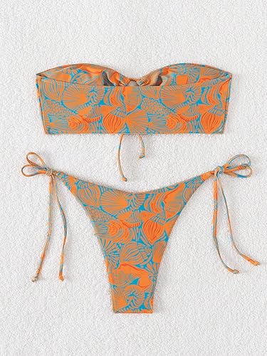 SHENHE Women's Strapless 2 Piece Tropical Swimsuit Drawstring Tie Side Bandeau Bikini2