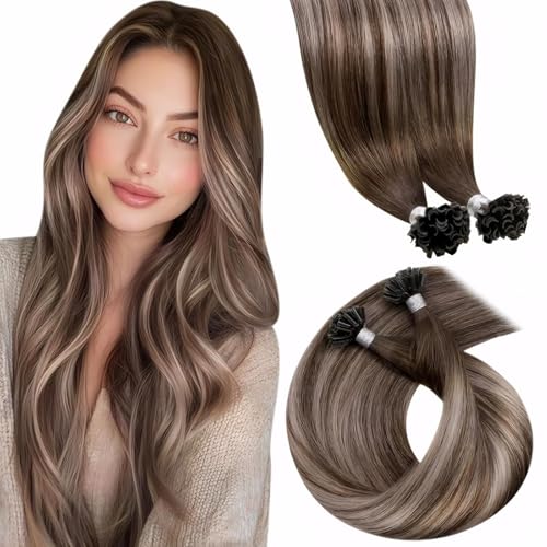 LaaVoo Extension Cheveux Naturel Keratine Balayage Marron Clair 50 Mèche 50g Extension Cheveux Humain Keratine Brun a Blonde Ombre Cendrée 35cm Courte Remy...