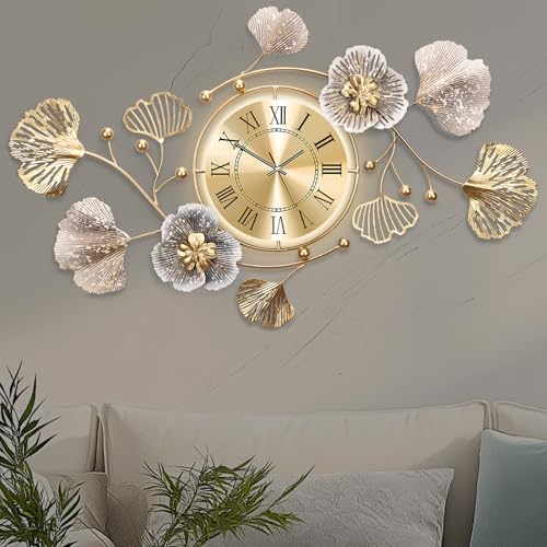 Pendules Murales,Horloge Murale Vintage,Conception de Fleurs et de Feuilles de Ginkgo - Horloge Murale Silencieuse,pour Salon Mur de Canapé,Cuisine,Coucher,Pendules...