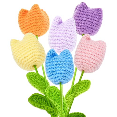 Rilcn Crochet Flowers Bouquet, Handmade Crochet Tulips Artificia Floral Arrangement for Birthday, Home Decor