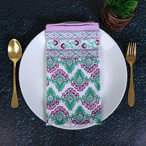 Image of FINGERCRAFT Printed Cloth Napkins Cotton Linen Blend Dinner Table Napkins Perfect for Parties Dinners Weddings Cocktail Christmas Napkins 20x20 Inches (Border Design Orchid)