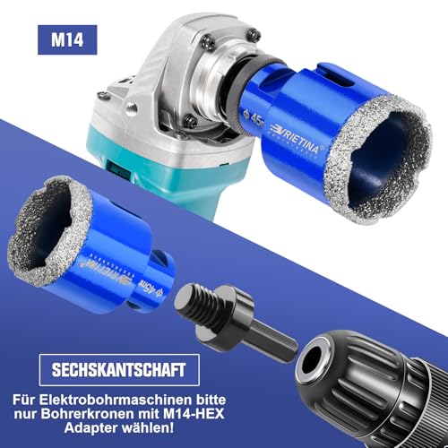 4tlg Diamant Fliesenbohrer Set 25|35|50|68 mm M14 Diamantbohrer Glasbohrer Nass Trocken Fliesenbohrkrone für Winkelschleifer, Diamant Bohrkrone Lochsäge von Fliesen Marmor Granit, mit HEX Adapter