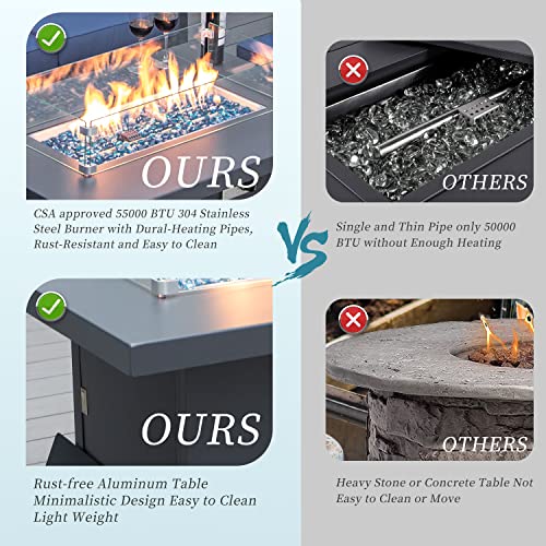 43'' Patio Outdoor Grey Aluminum Rectangle Propane Gas Fire Pit Table Anti-Rust 55,000 Btu H-Burner Firepit For Outside With Glass Stones & Cover Fireplace For Garden Yard Pool Porch Balcony #TOP2