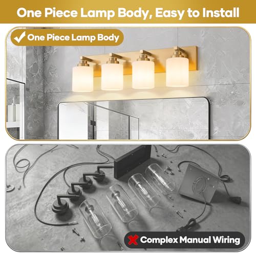 Image of Vanity Lights for Bathroom, 4-Light Brushed Gold Bathroom Vanity Light Over Mirror with Milky White Glass Shades, Modern Bathroom Light Fixtures for Living Room Hallway Cabinet (Bulbs Not Included)