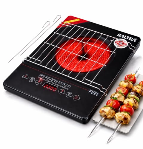 BALTRA 2200W Infrared Cooktop Stove with Steel Grill Rack Touch Control | Radiant Feel Infrared Induction Glass Cooktop Auto Shut Off & Overheat Protection, Multi Power Level Function, Digital Display