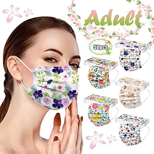 50Pcs Disposable Women Floral Face_Masks With Nose Wire, 3-Ply Breathable Adults Facemasks With 3D Designs,Anti-Fog Facemasks For Glasses Wearers Winter Outdoor Party Holiday (Floral_D) #TOP1