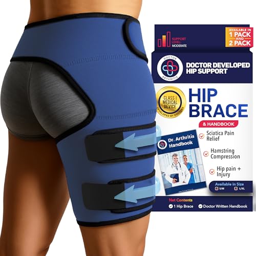Dr. Arthritis Hip Brace, Adjustable Sciatic Nerve Brace &amp; Stabilizer for Pulled Muscles &amp; Injury Recovery, Hamstring Compression Sleeve Support, Sciatica Pain Relief Devices for Men &amp; Women (S/M, Navy)