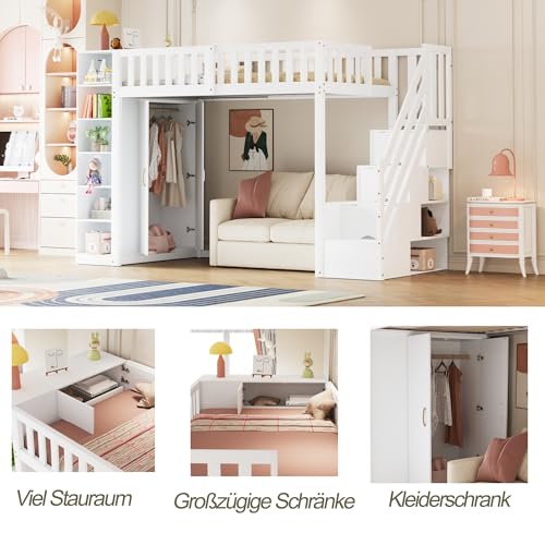 Hochbett 90x200 cm mit Schubladen & Regalen | Weiß | Massivholzbett für kleine Räume | Organisationslösung | Ohne Matratze – Bild 5