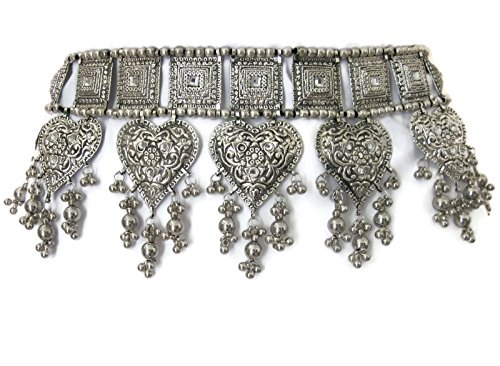 Womens Belt Handcrafted Brass Heart Sqaure Embossed Medallions Plated Silver Vintage Oxidised Finish | Gypsy Hippie Boho Wedding Belly Dance Jewelry Novelty Accessory | One Size with Ties Fits All