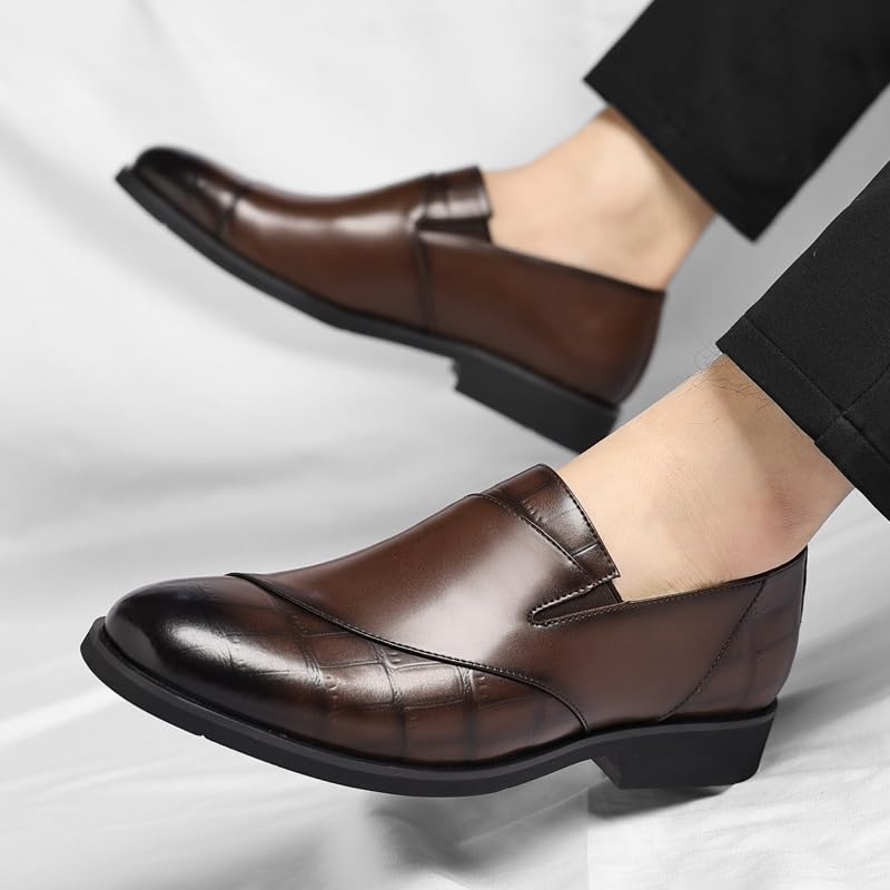 “Men's Leather Upper Slip - on Loafers, Classic Round Toe Business Formal Dress Shoes with Polished Toe Detailing and Low - Profile Heel”4