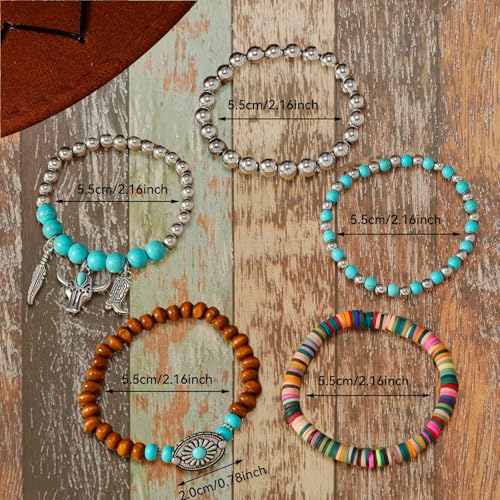 Western Bracelets for Women,Cowgirl Turquoise Beaded Stretch Bracelets,Stackable Bull Head Cowboy Boots Feather Bracelets Set,Western Cowgirl Jewelry Accessories for Women2