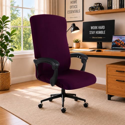 Image of Computer Office Chair Cover Stretch Spandex Fabric Rotating Chair Slipcovers Removable Chair Seat Covers Furniture Protector Covers (Plum)
