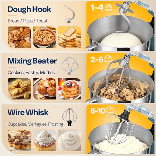 Image of VIVOHOME Stand Mixer, 6-Quart Tilt-Head Kitchen Mixer with Bowl, Blue | 10 Speeds, Dough Hook, Beater, Whisk, Splash Guard, Egg Separator, for Cake & Bread