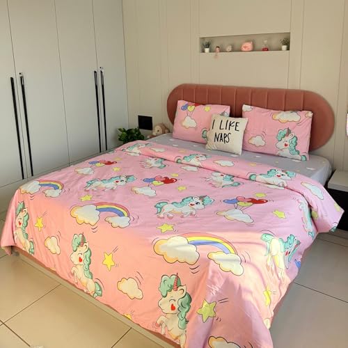 Image of Famyo King Size Bedsheet Set with 2 Pillow Covers, 250 TC Fitted Bedsheet & Comforter Cover (4pc Set) - Home Decor, 72x78 inches King Size Children Bedding, Cute Pink Unicorn & Rainbow Design | 4-Piece Set, 250 TC Fitted Bedsheet, 2 Pillow Covers, 72 x 78 in, Pink Unicorn & Rainbow Design, Soft Kids Bedding