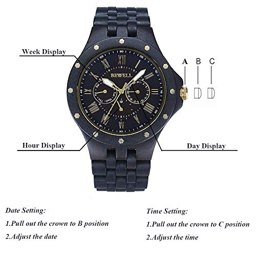 BEWELL Men Wood Watch Quartz, Lightweight Vintage Men Wrist Watches with All Wood Strap (Zebra Wood and Ebony) - Image 6