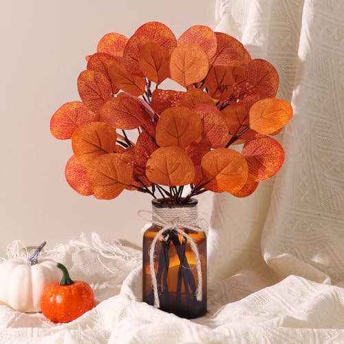 CEWOR Artificial Fall Eucalyptus Stems in Amber Glass Vase with Fake...