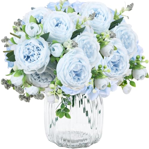TENGWA 3 Bouquets Pivoine Artificielle 32cm Bouquet de Fleurs Artificielles Bleu Wedding Fleur en Soie Convient pour Mariages Décoration Intérieure Table...