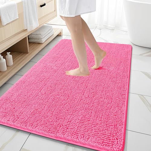 Image of OLANLY Large Bathroom Rugs 59x35, Extra Soft Absorbent Chenille Bath Rugs, Rubber Backing Quick Dry, Machine Washable Bath Mats for Bathroom Floor, Tub and Shower, Home Decor Accessories, Hot Pink
