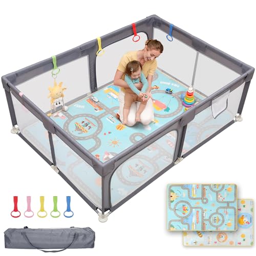 Image of Dripex Baby Playpen with Mat, 71 inchx47 inch Large Play Pen for Babies, Light Grey | Included Waterproof Mat /Portable Bag / Pull up Rings, Breathable Visible Mesh, Easy Setup, Indoor /Outdoor Use