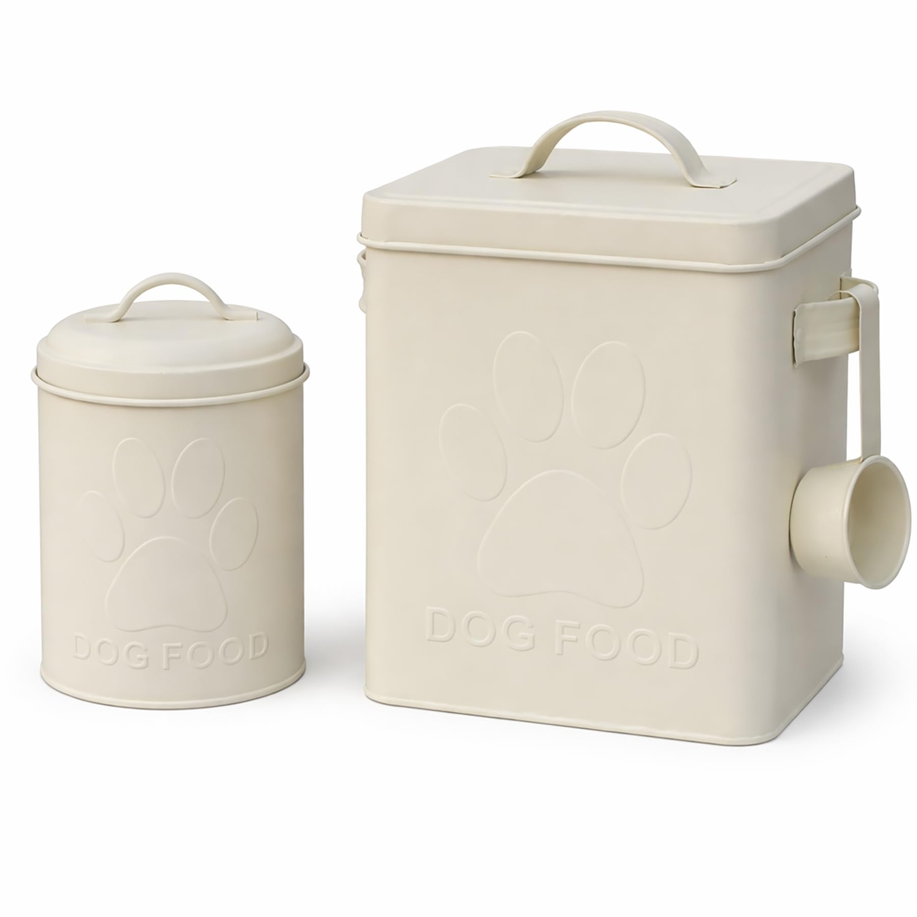 simpa 3PC Metal Dog Food Storage Set featuring Embossed Paw Print Design: Dog Food Tin, Dog Treats Tin & Serving Scoop - Matt Cream Finish