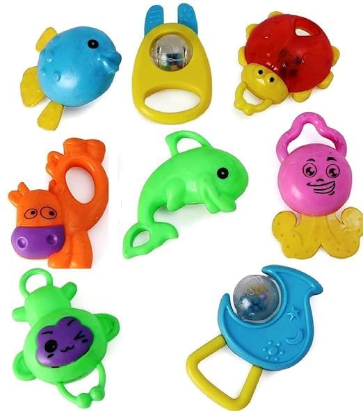 Image of BabyGo Infant Colourful Plastic Non Toxic Set of 8 Attractive Rattles and Teathers for New Borns, Baby,Kid (Multicolor)