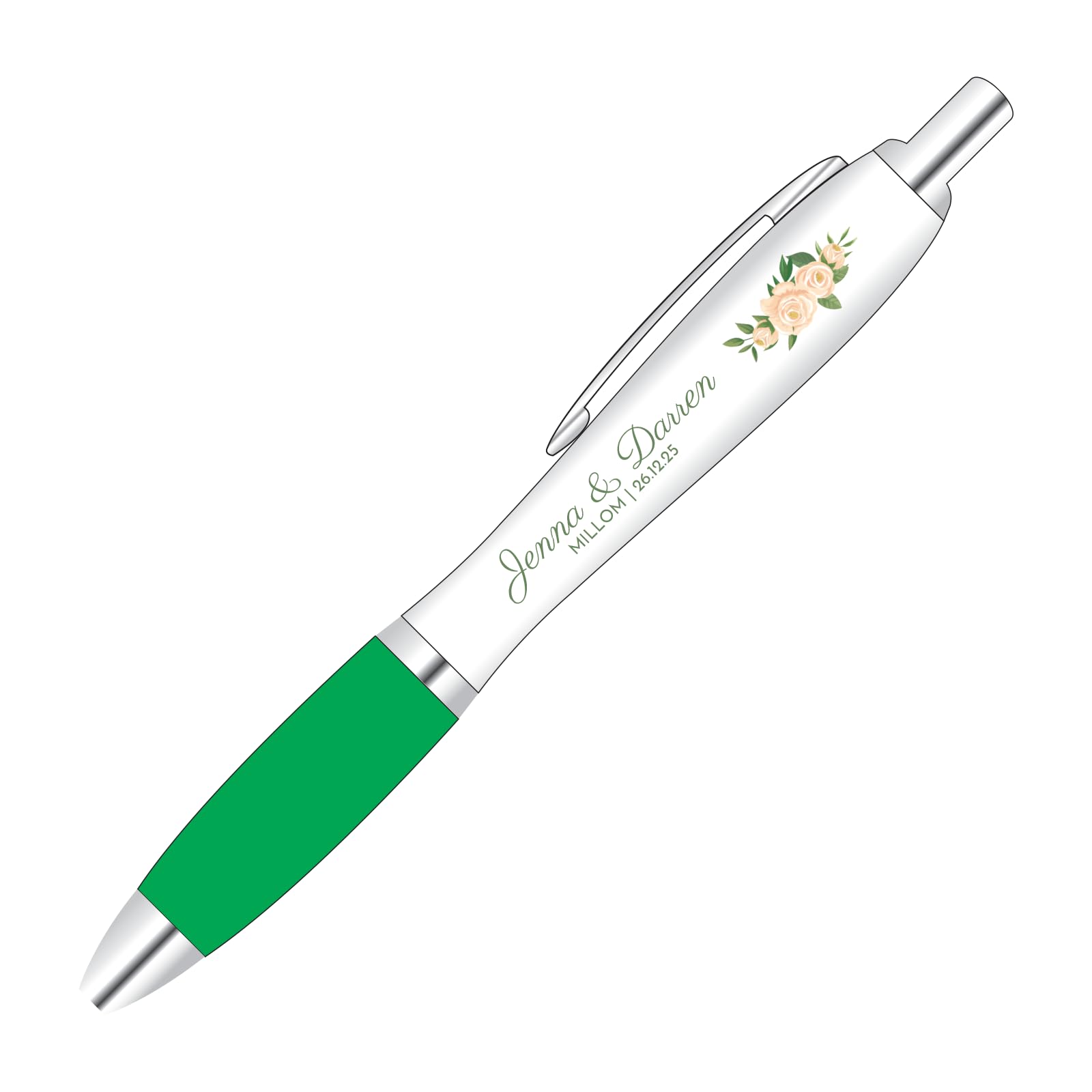 Full Colour Printed Flower Design Wedding Pen Wedding Favour With Personalised Text and green coloured grip.