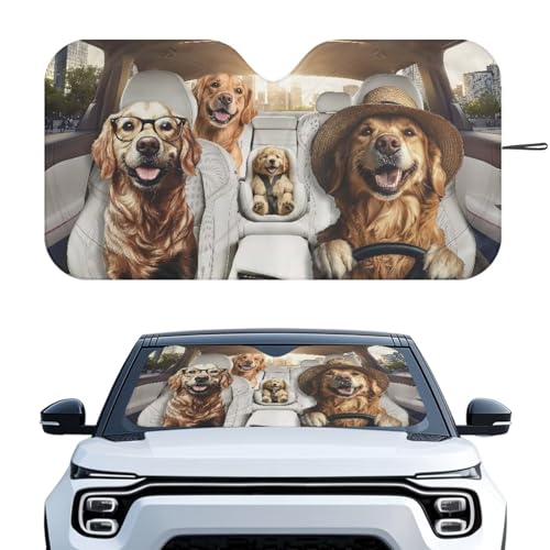 Image of Car Windshield Sunshade - Foldable Funny Golden Retriever Driving Car Windshield Sun Shade for Front Window for Most Sedans SUV Truck - Auto Sun Heat and UV Rays Blocker