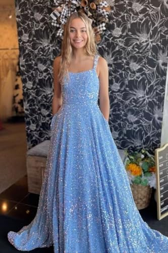Image of ALFEICE Sparkly Sequins A Line Prom Dresses Long Spaghetti Straps Party Dresses Backless Wide Hem Ball Gowns for Women