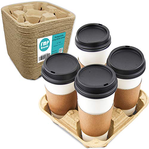 [45 Pack] Pulp Fiber Drink Carrier Tray Biodegradable 4 Cup Container Compostable Stackable